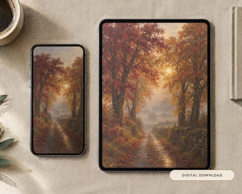 May include: A smartphone and a tablet displaying a digital artwork of an autumn forest path with golden sunlight filtering through trees, fallen leaves on the ground, and a stone wall. A small rectangular label reads Digital Download.