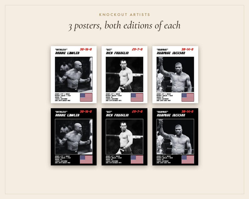 Set de 3 pósteres de MMA / Artistas del nocaut / Robbie Lawler, Rich Franklin, Rampage Jackson / Arte mural de lucha / Descarga digital imagen 4