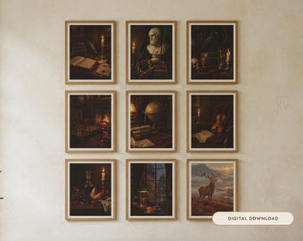 Zestaw ścienny Dark Academia Gallery, 9 szt. | Nastrojowe, zabytkowe obrazy olejne | Zestaw grafik ściennych do biblioteki | Do pobrania w wersji cyfrowej