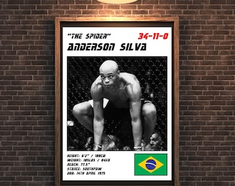 May include: A black and white photo of Anderson Silva, a mixed martial arts fighter, in a fighting stance. The poster includes his nickname "The Spider", his record 34-11-0, and his height, weight, reach, stance, and date of birth. The Brazilian flag is in the bottom right corner.