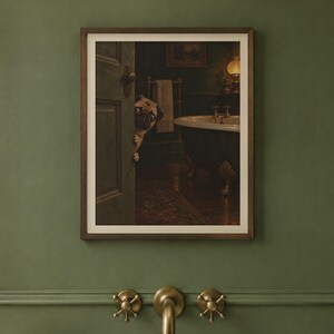 Pug Bathroom Wall Art, Funny Peeking Dog Oil Painting Print (Digital Download) image 2