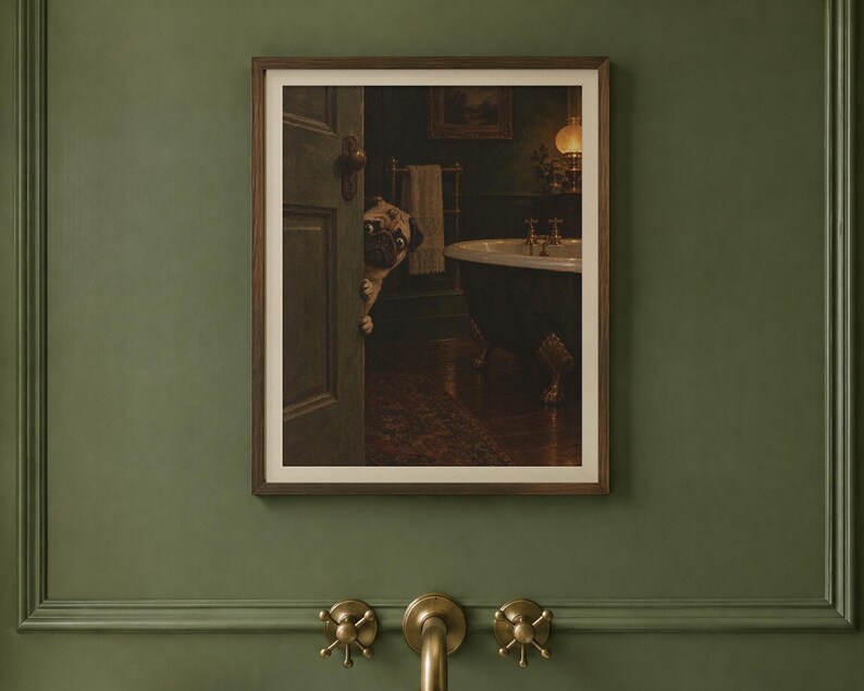 Pug Bathroom Wall Art, Funny Peeking Dog Oil Painting Print (Digital Download) image 2
