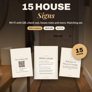 15 Airbnb House Signs Template | Wifi Sign with QR, Check Out Sign, House Rules Sign | Vacation Rental Signs Bundle | Canva | UK & US image 1