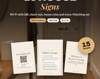 15 Airbnb House Signs Template | Wifi Sign with QR, Check Out Sign, House Rules Sign | Vacation Rental Signs Bundle | Canva | UK & US