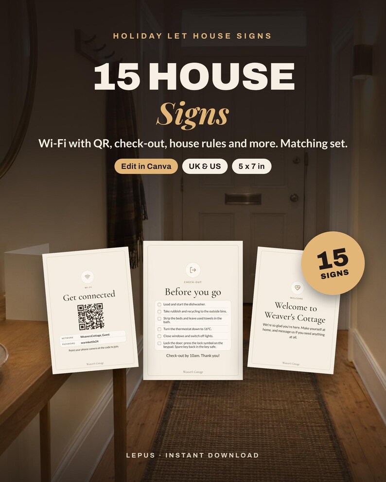 15 Airbnb House Signs Template | Wifi Sign with QR, Check Out Sign, House Rules Sign | Vacation Rental Signs Bundle | Canva | UK & US image 1