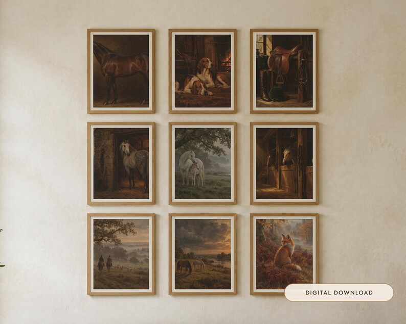 Equestrian Gallery Wall Set of 9 | Antique Horse Oil Painting Prints | Old Money Wall Art Bundle | Printable Digital Download image 1