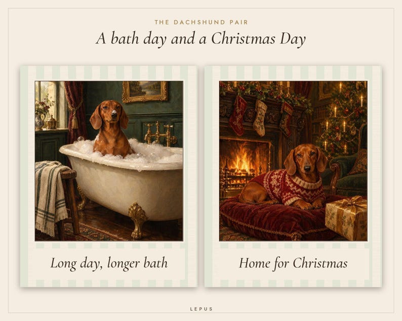 Dachshund Gift Set of 2 Prints, Bathroom and Christmas Oil Paintings (Digital Download) image 3