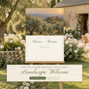 Painted Olive Wedding Seating Chart Template, Welcome Sign, Order of the Day Sign, Editable Canva Wedding Signs Set, Olive Garland image 3