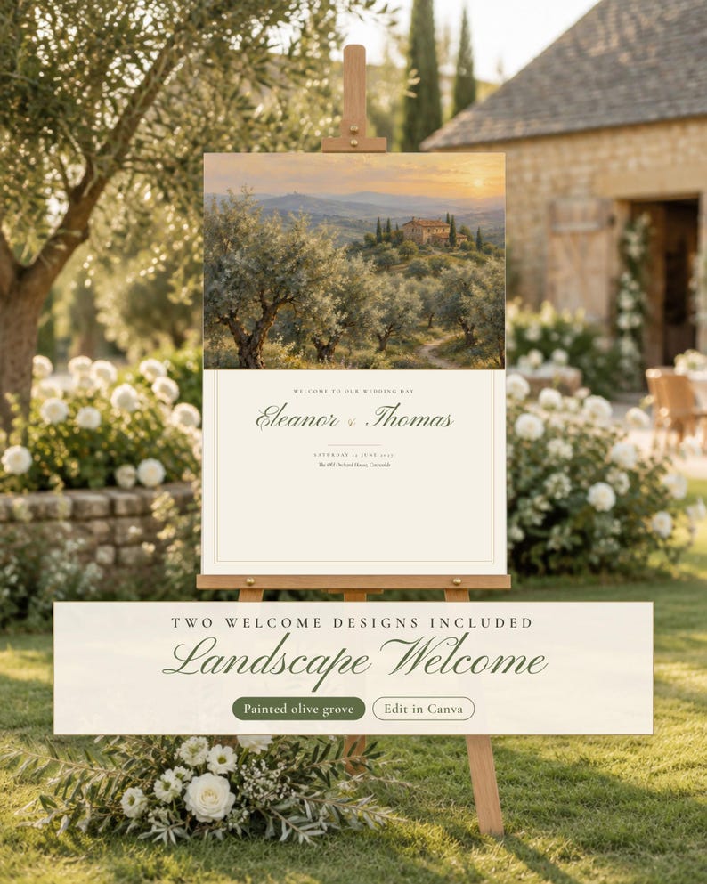 Painted Olive Wedding Seating Chart Template, Welcome Sign, Order of the Day Sign, Editable Canva Wedding Signs Set, Olive Garland image 3