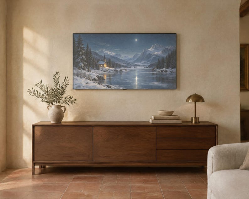 Frame TV Art: Silent Night, Snowy Chapel Christmas Oil Painting (Digital Download) image 2