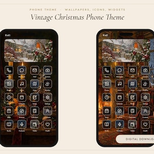 May include: A digital phone theme set featuring a Vintage Christmas theme with wallpapers, icons, and widgets. The display shows two smartphones with a robin bird winter scene, dark app icons with white outlines, and the text Digital Download.