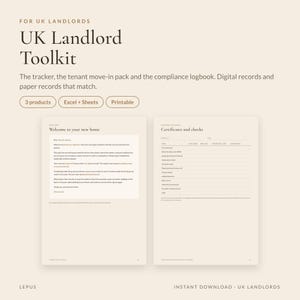 May include: A digital UK Landlord Toolkit featuring a tracker, tenant move-in pack, and compliance logbook. The document includes a welcome letter and a certificates and checks page. Labels indicate 3 products, Excel, Sheets, and printable formats.