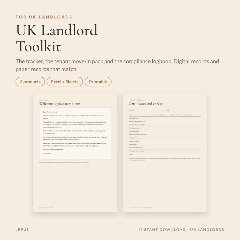 May include: A digital UK Landlord Toolkit featuring a tracker, tenant move-in pack, and compliance logbook. The document includes a welcome letter and a certificates and checks page. Labels indicate 3 products, Excel, Sheets, and printable formats.