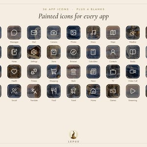 May include: A collection of 36 app icons plus 4 blanks featuring painted, dark-toned backgrounds with white line art symbols. The text reads 36 APP ICONS PLUS 4 BLANKS, Painted icons for every app, and LEPUS at the bottom.