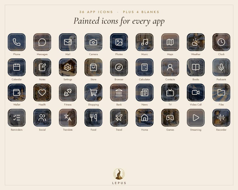 May include: A collection of 36 app icons plus 4 blanks featuring painted, dark-toned backgrounds with white line art symbols. The text reads 36 APP ICONS PLUS 4 BLANKS, Painted icons for every app, and LEPUS at the bottom.