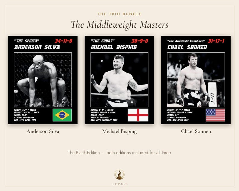 MMA Poster Set of 3 | The Middleweight Masters | Silva, Bisping, Sonnen | Gym Wall Art Bundle | Digital Download image 5
