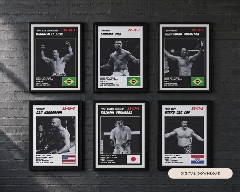 MMA Poster Set of 6 | Pride Legends | Wanderlei, Shogun, Nogueira, Henderson, Sakuraba, Cro Cop | Fight Wall Art | Digital Download image 1