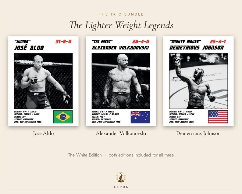 May include: A trio bundle print titled The Lighter Weight Legends featuring black and white portraits of fighters Jos&eacute; Aldo, Alexander Volkanovski, and Demetrious Johnson. Each card displays stats, a record, and a national flag. The text includes The White Edition and Lepus.