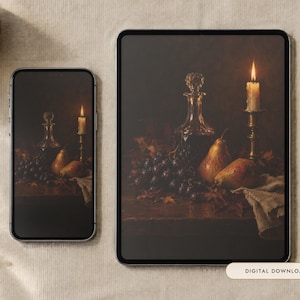Tapeta z martwą naturą jesieni | Malowanie olejem na telefon, iPada i pulpit | Przytulna ciemna akademicka estetyka | Pobieranie cyfrowe zdjęcie 1