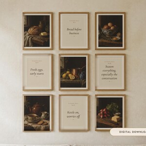 Cottage Kitchen Wall Art Set of 12 | 6 Still Life Oil Paintings and 6 Kitchen Rule Prints | Vintage Kitchen Decor | Digital Download