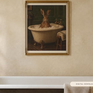 Hare in the Bath Print | Funny Bathroom Wall Art | Vintage Animal Oil Painting | Take your time darling | Digital Download