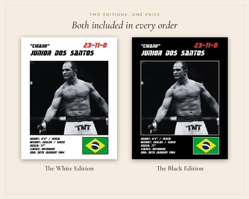 Peut inclure: Deux affiches pr&eacute;sentant Junior Dos Santos en noir et blanc. Chaque affiche indique son nom, son palmar&egrave;s 23-11-0, sa taille 193 cm, son poids 120 kg, son allonge 77", sa garde, sa date de naissance 30 janvier 1984 et le drapeau br&eacute;silien.