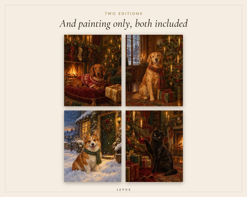クリスマス犬猫プリント4枚セット、ヴィンテージ油絵（デジタルダウンロード） 画像 4