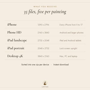 May include: A digital information chart on a light beige background titled WHAT YOU RECEIVE, 35 files, five per painting. It lists file specifications for iPhone, Phone HD, iPad landscape, iPad portrait, and Desktop 4K with resolutions.