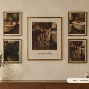 Funny Dog and Cat Bathroom Wall Art Set of 4, Vintage Oil Painting Prints (Digital Download) image 1