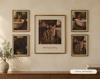 May include: A gallery wall set of five framed prints featuring dogs in a bathroom setting. The central print displays a Corgi wrapped in a green and white striped towel with the text "Dried off, darling" printed below the image.