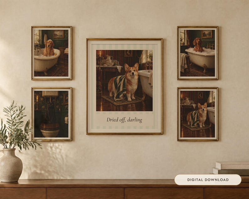 Funny Dog and Cat Bathroom Wall Art Set of 4, Vintage Oil Painting Prints (Digital Download) image 1