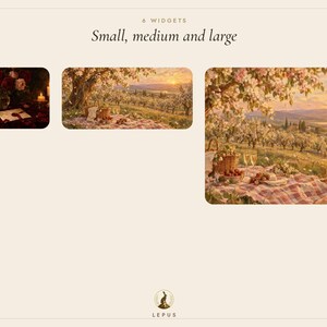 May include: A digital display showing 6 widgets in small, medium, and large sizes. The images feature a candlelit letter and a picnic scene in a blooming orchard at sunset. The text reads 6 WIDGETS, Small, medium and large, and LEPUS.