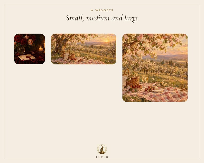 May include: A digital display showing 6 widgets in small, medium, and large sizes. The images feature a candlelit letter and a picnic scene in a blooming orchard at sunset. The text reads 6 WIDGETS, Small, medium and large, and LEPUS.