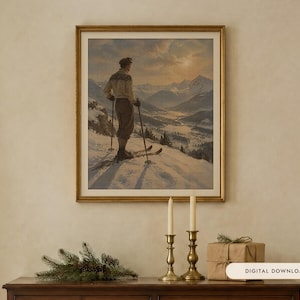 Vintage Skier Print, Apres Ski Oil Painting, Alpine Wall Art (Digital Download)