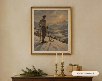 Vintage Skier Print, Apres Ski Oil Painting, Alpine Wall Art (Digital Download)