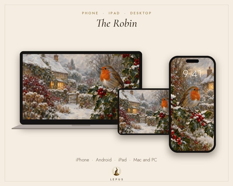 May include: A digital wallpaper set titled The Robin, displayed on a laptop, tablet, and smartphone. The screens feature a winter scene with a robin perched on a holly branch, a snow-covered cottage, and red berries. Text includes Phone, iPad, Desktop, 9:41, iPhone, Android, iPad, Mac and PC, and Lepus.