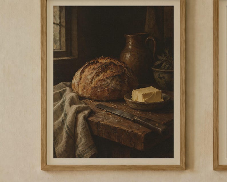Sourdough and Butter Kitchen Print Set of 2 | Still Life Oil Painting and Kitchen Quote | Cottage Kitchen Art | Digital Download image 2
