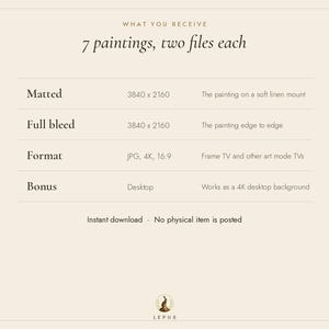 May include: A digital information chart titled WHAT YOU RECEIVE 7 paintings, two files each. It lists specifications for matted and full bleed 3840 x 2160 files, JPG 4K 16:9 format for Frame TVs, and a bonus desktop background option.