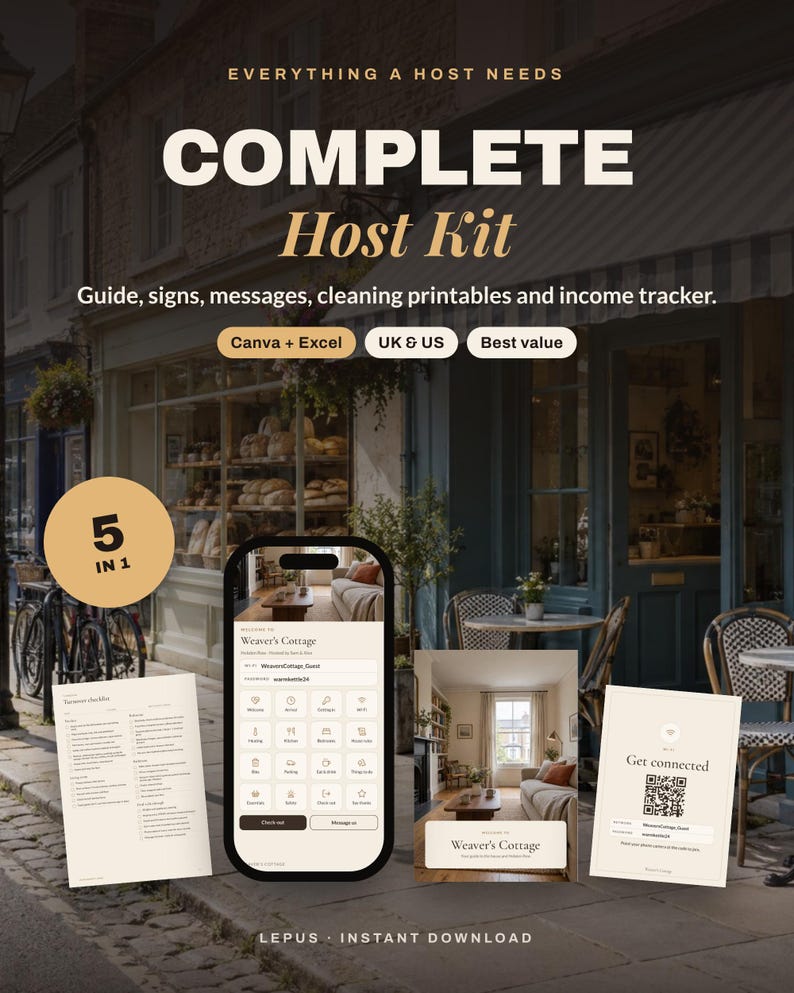 Kompletny pakiet dla gospodarzy Airbnb | Księga powitalna, tabliczki informacyjne, wiadomości dla gości, lista kontrolna sprzątania i śledzenie dochodów | Zestaw startowy dla wynajmujących na wakacje zdjęcie 1