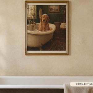 Golden Retriever Bathroom Wall Art, Funny Vintage Oil Painting Print, Dog Lover Gift (Digital Download)