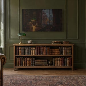 K&ouml;nnte beinhalten: Ein h&ouml;lzernes B&uuml;cherregal mit zwei Ebenen voller antiker B&uuml;cher, gekr&ouml;nt von einer gr&uuml;nen Bankerlampe aus Glas und einer kleinen Keramikschale. &Uuml;ber dem Regal zeigt ein Fernseher ein Gem&auml;lde eines Bibliotheksinnenraums.