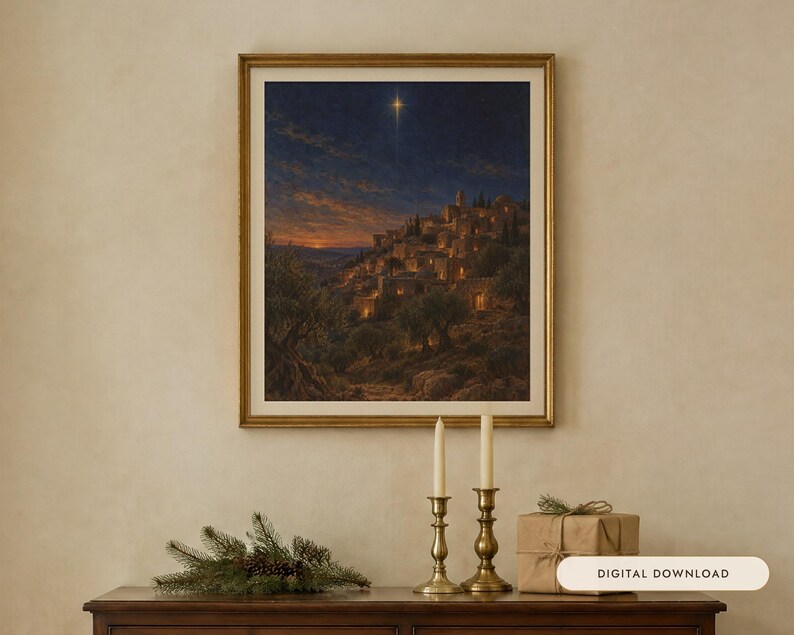 Star of Bethlehem Print, Vintage Christmas Oil Painting, Christian Decor (Digital Download) image 1