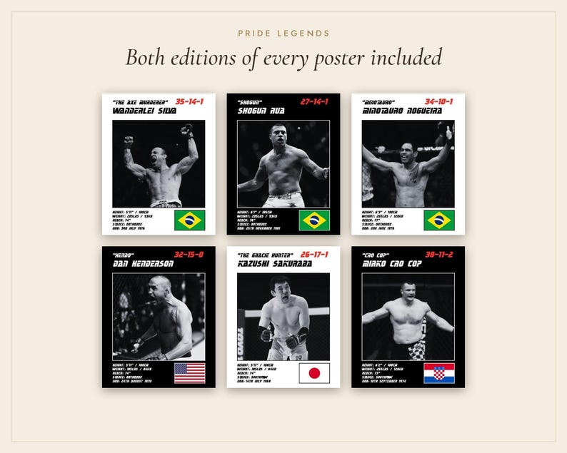 MMA Poster Set of 6 | Pride Legends | Wanderlei, Shogun, Nogueira, Henderson, Sakuraba, Cro Cop | Fight Wall Art | Digital Download image 4