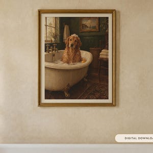 Golden Retriever Bathroom Wall Art, Funny Vintage Oil Painting Print, Dog Lover Gift (Digital Download) image 1