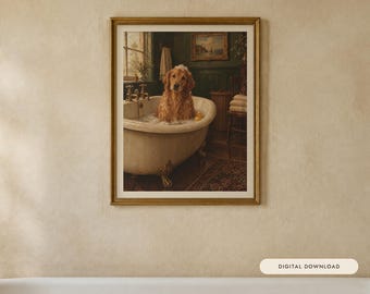 Golden Retriever Bathroom Wall Art, Funny Vintage Oil Painting Print, Dog Lover Gift (Digital Download)