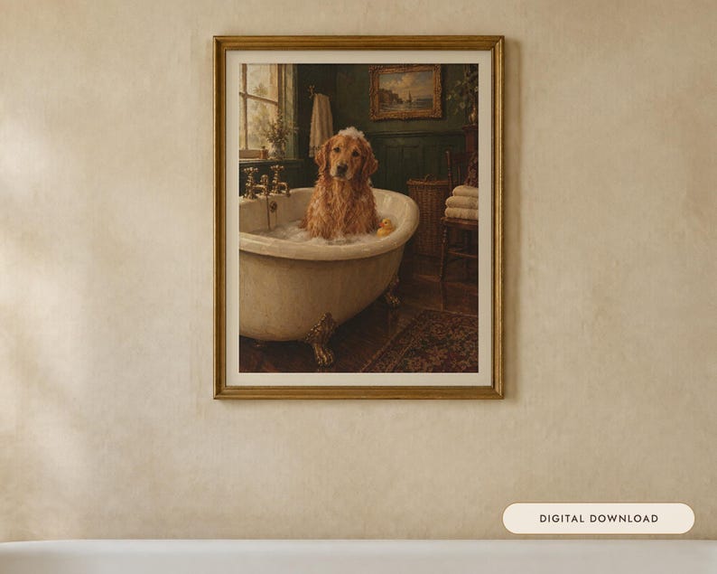 Golden Retriever Bathroom Wall Art, Funny Vintage Oil Painting Print, Dog Lover Gift (Digital Download) image 1