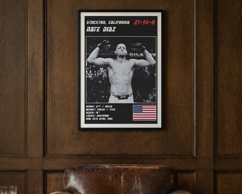 Plakat MMA Nate'a Diaza | Grafika ścienna do walki w Stockton | Edycje czarno-białe | Pobieranie cyfrowe zdjęcie 2