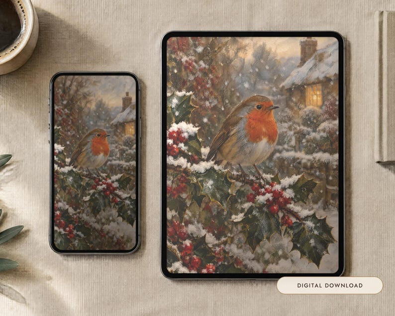 May include: A smartphone and a tablet displaying a digital illustration of a robin perched on a snow-covered holly branch with red berries, set against a winter cottage background. The text Digital Download is visible on a small rectangular label.