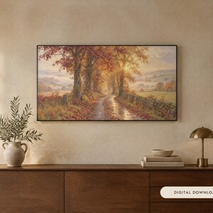 Frame TV Art: Autumn Country Lane, Moody Fall Oil Painting (Digital Download) image 1