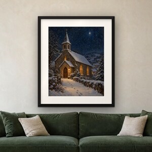 Silent Night Print, Snowy Church Christmas Oil Painting, Christian Wall Art (Digital Download) image 4